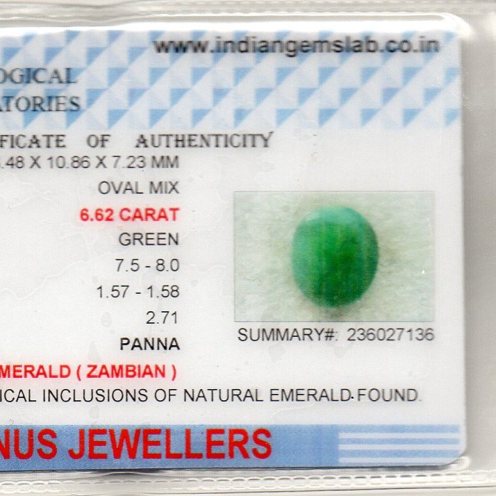 6.62 Ct Certified Untreated Natural Zambian Emerald Panna Gemstone 6.62 Ct Certified Untreated Natural Zambian Emerald Panna Gemstone