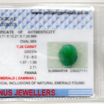 7.28 Ct Certified Untreated Natural Zambian Emerald Panna Gemstone