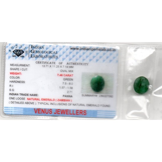7.46 Ct Certified Untreated Natural Zambian Emerald Panna Gemstone