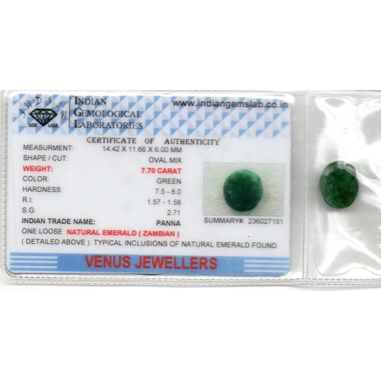 7.70 Ct Certified Untreated Natural Zambian Emerald Panna Gemstone