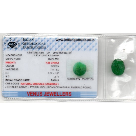 7.95 Ct Certified Untreated Natural Zambian Emerald Panna Gemstone