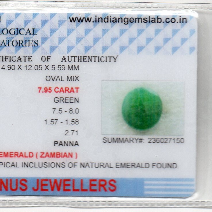 7.95 Ct Certified Untreated Natural Zambian Emerald Panna Gemstone 7.95 Ct Certified Untreated Natural Zambian Emerald Panna Gemstone