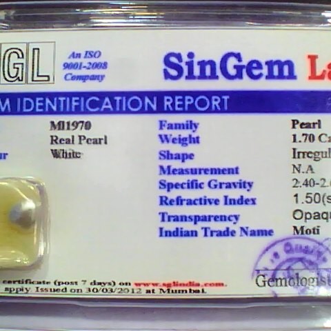 1.70 Ct 2.8 Ratti Certified Natural Venunjula Real Pearl/Real Moti