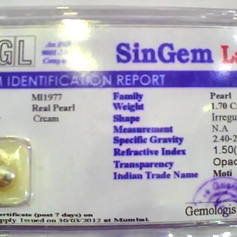 1.70 Ct 3 Ratti Certified Natural Venunjula Real Pearl/Real Moti