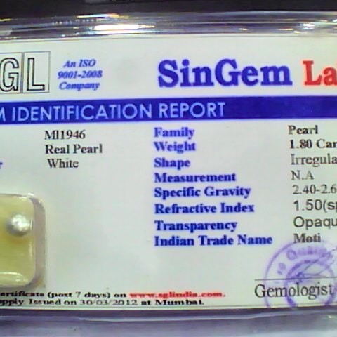 1.80 Ct 3 Ratti Certified Natural Venunjula Real Pearl/Real Moti