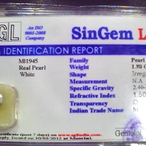 1.80 Ct 3 Ratti Certified Natural Venunjula Real Pearl/Real Moti