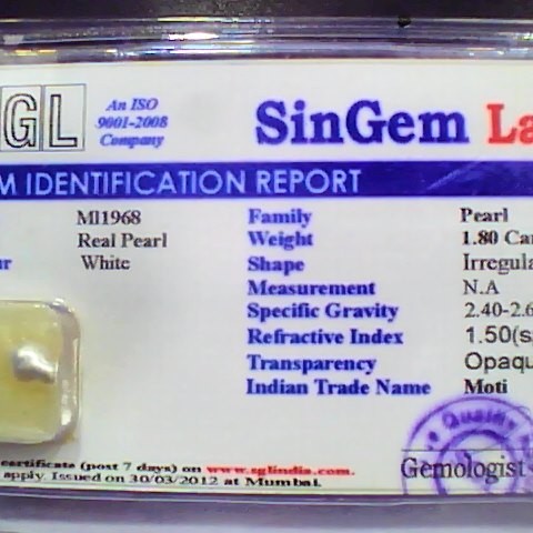 1.80 Ct 3 Ratti Certified Natural Venunjula Real Pearl/Real Moti