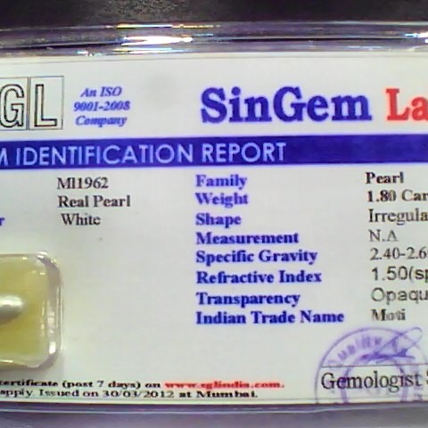 1.80 Ct 3 Ratti Certified Natural Venunjula Real Pearl/Real Moti