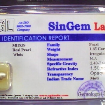 1.85 Ct 3.1 Ratti Certified Natural Venunjula Real Pearl/Real Moti