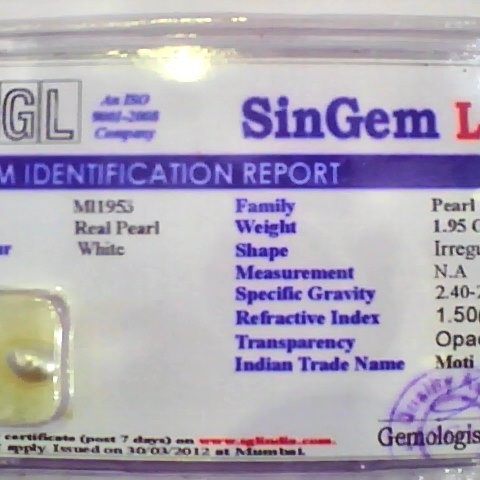 1.95 Ct 3.25 Ratti Certified Natural Venunjula Real Pearl/Real Moti