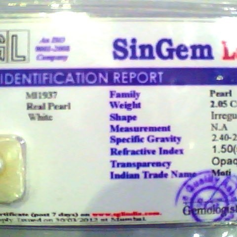 2.05 Ct Certified Natural Venunjula Real Pearl/Real Moti