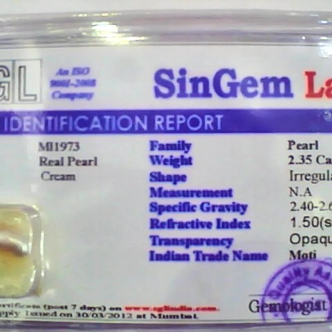 2.35 Ct 4 Ratti Certified Natural Venunjula Real Pearl/Real Moti