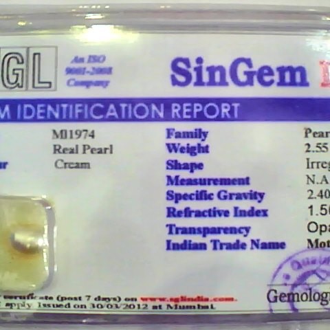 2.55 Ct 4.25 Ratti Certified Natural Venunjula Real Pearl/Real Moti