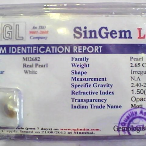 2.65 Ct 4.25 Ratti Certified Natural Venunjula Real Pearl/Real Moti