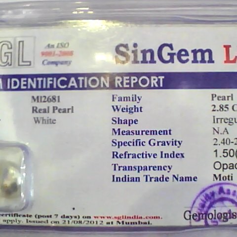 2.85 Ct 4.5 Ratti Certified Natural Venunjula Real Pearl/Real Moti