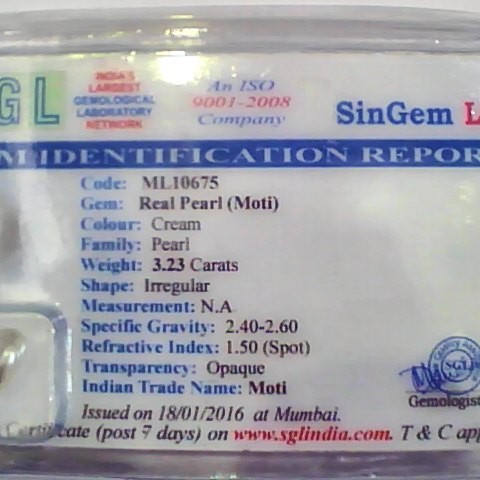 3.23 Ct 5.25 Ratti Certified Natural Venunjula Real Pearl/Real Moti