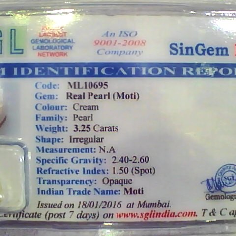 3.25 Ct 5.25 Ratti Certified Natural Venunjula Real Pearl/Real Moti