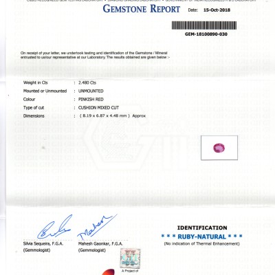 2.48 Ct GII Certified Unheated Untreted Natural Madagaskar Ruby AAA 2.48 Ct GII Certified Unheated Untreted Natural Madagaskar Ruby AAA