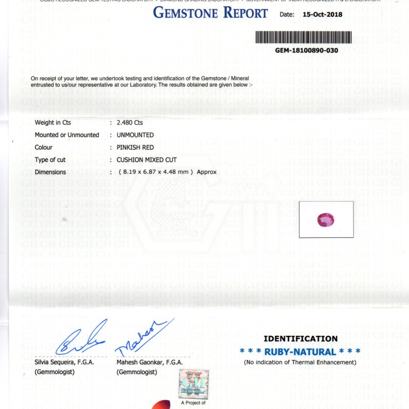 2.48 Ct GII Certified Unheated Untreted Natural Madagaskar Ruby AAA 2.48 Ct GII Certified Unheated Untreted Natural Madagaskar Ruby AAA