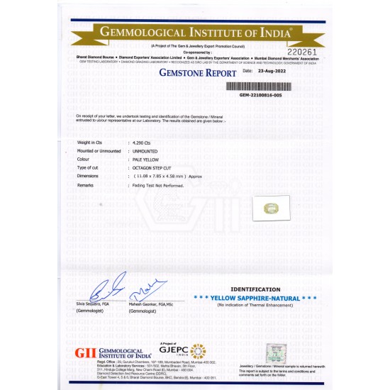 4.29 Ct GII Certified Unheated Untreated Natural Ceylon Yellow Sapphire